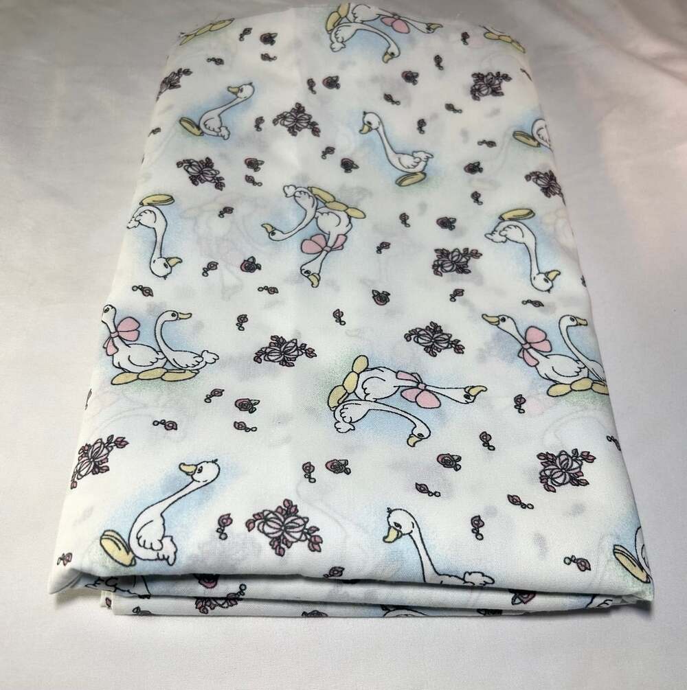 Adorable Country Geese Fabric white with pink ribbons and roses 43” W x 92” L